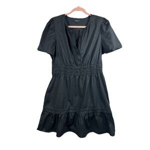 Quince Black Organic Cotton Tiered Mini Dress L Pockets Cottagecore Quiet Luxury